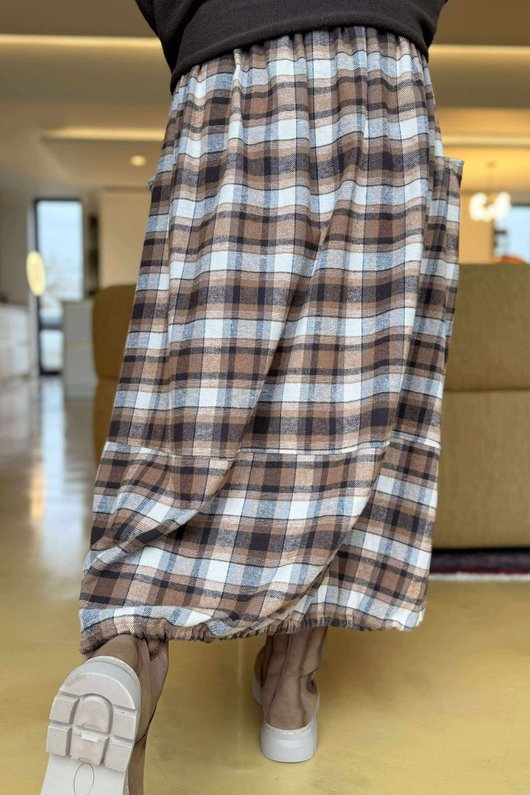 Roberta Plaid Brushed Cotton Balloon Hem Skirt Camel